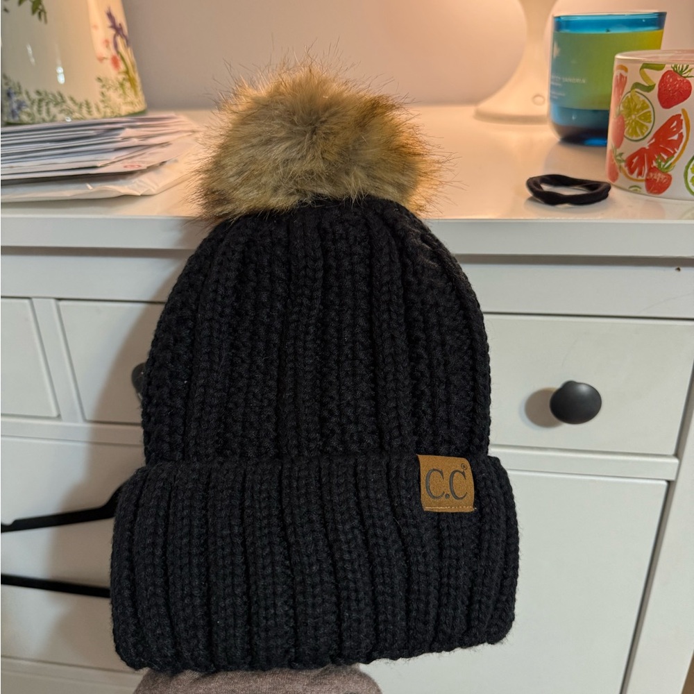 C.C Black Beanie with Tan Faux Fur Pom